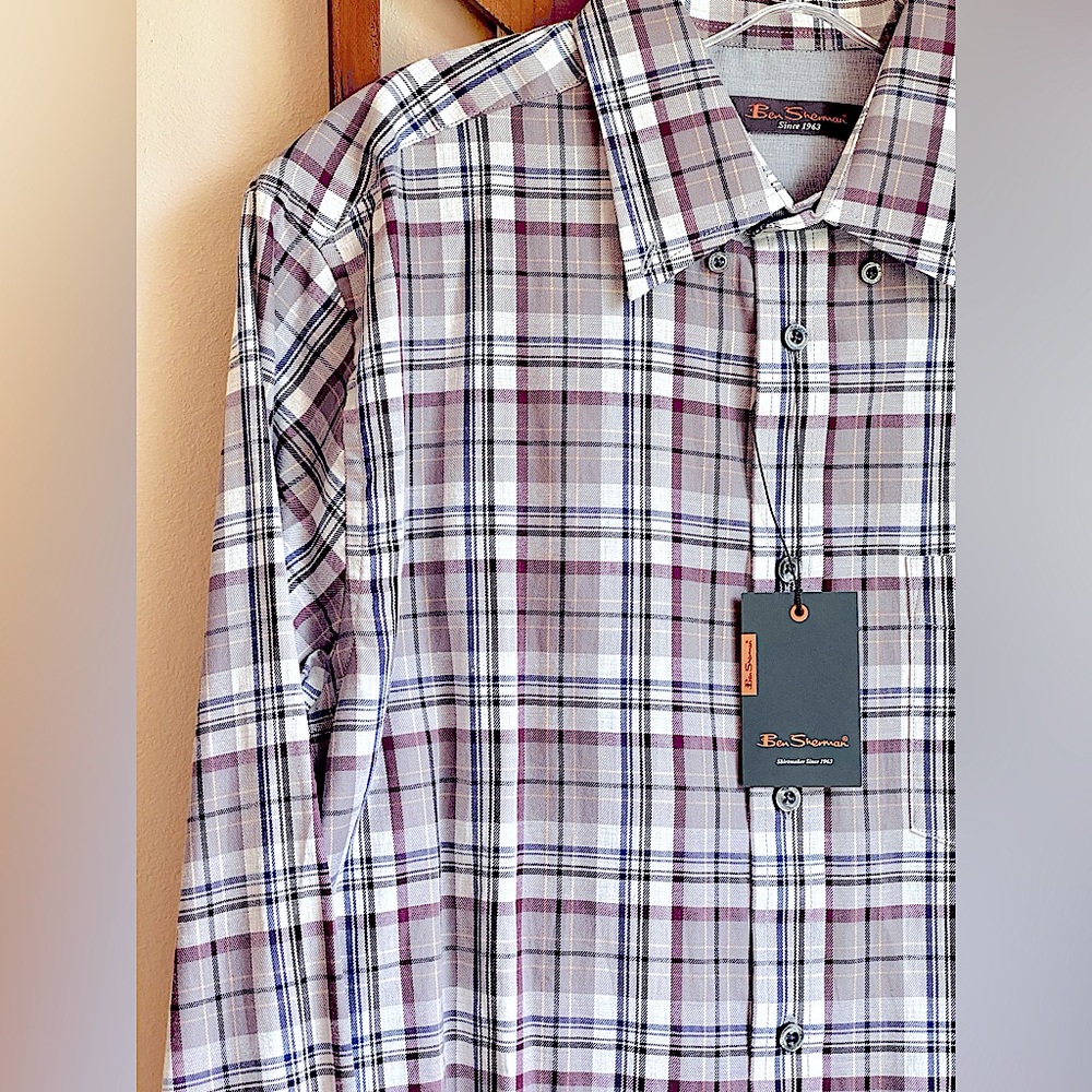 NWT BEN SHERMAN M 35 Grey Plaid Cotton Maroon Blue L/S Button Casual Dress Shirt